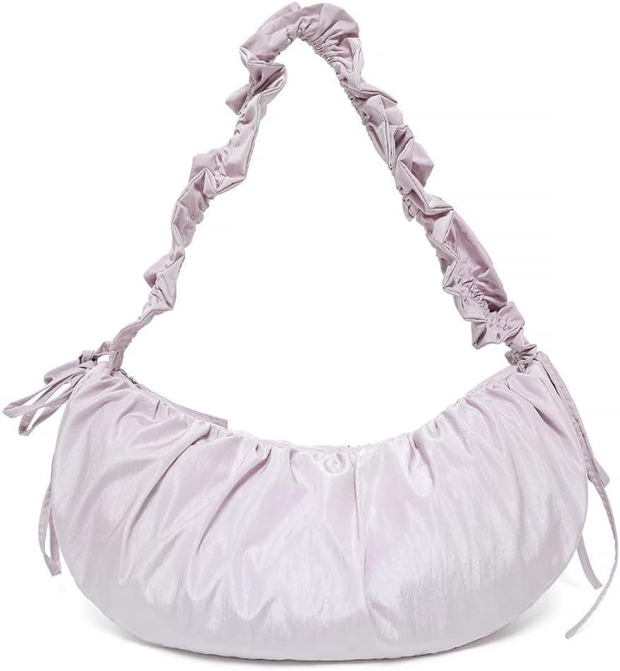 Nylon Crossbody Bags for Women, Ruffled Crescent Bag with Adjustable Strap, Large Capacity Casual Hobo Dumpling Shoulder Bag