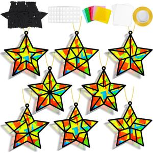 QOUBAI 32 Sets Stars Suncatchers Craft Back to School DIY Stained Glass Window Patriotic 4th of July Paper Craft Home School Classroom Decor Kid Birthday Gift Creative Art Activity Game