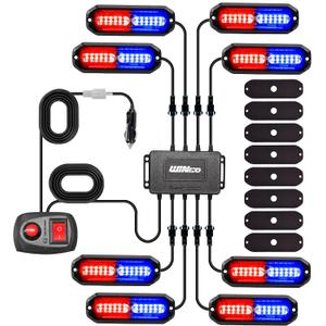 WINECO 8PCS LED Strobe Lights 12V Sync Feature Red Blue 12LED Emergency Hazard Warning Lights with Strobe Controller for Trucks Vehicles ATV RV Cars Van