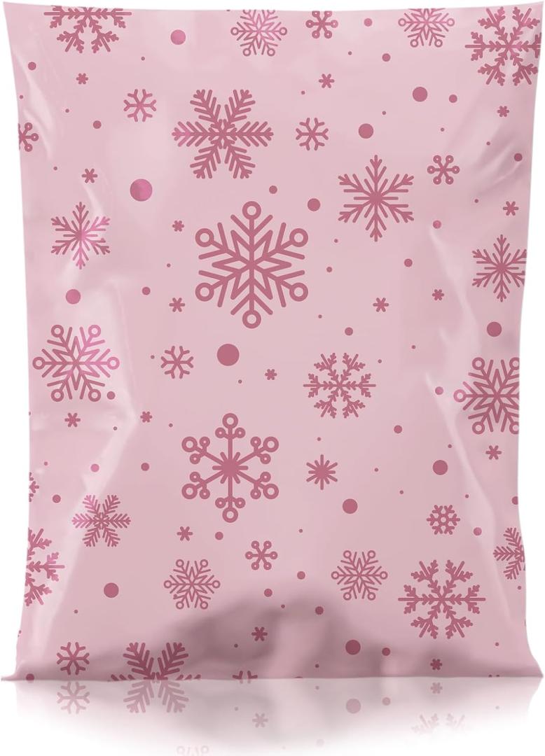 Metronic Cute Poly Mailers 14.5x19" 50Pcs Shipping Bags for Clothes, Self Adhesive Snowflake Pink Shipping Envelopes for Small Business, Waterproof Packaging Mailing Bags for Holiday Gifts
