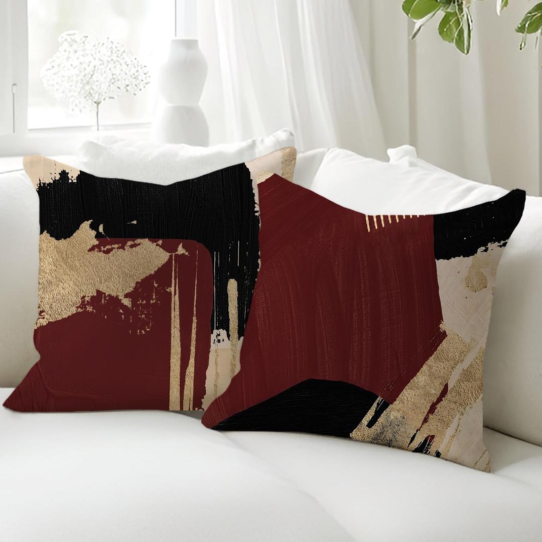 KAIOUS Black Red and Gold Pillow Covers, Burgundy Red Black Gold Decorative Throw Pillow Covers Cushion Cases for Couch Sofa Bed Living Room Bedroom Car 18x18 Inches Set of 2
