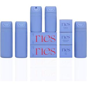 RIES Essential Refillable Toiletry Travel Bottles – Set of 5 (3.4oz & 1.7oz) Airless Pump Containers for Shampoo, Conditioner, Body, Face – Leak-Proof, TSA-Approved, Dishwasher Safe- Runaway Blue, No Box