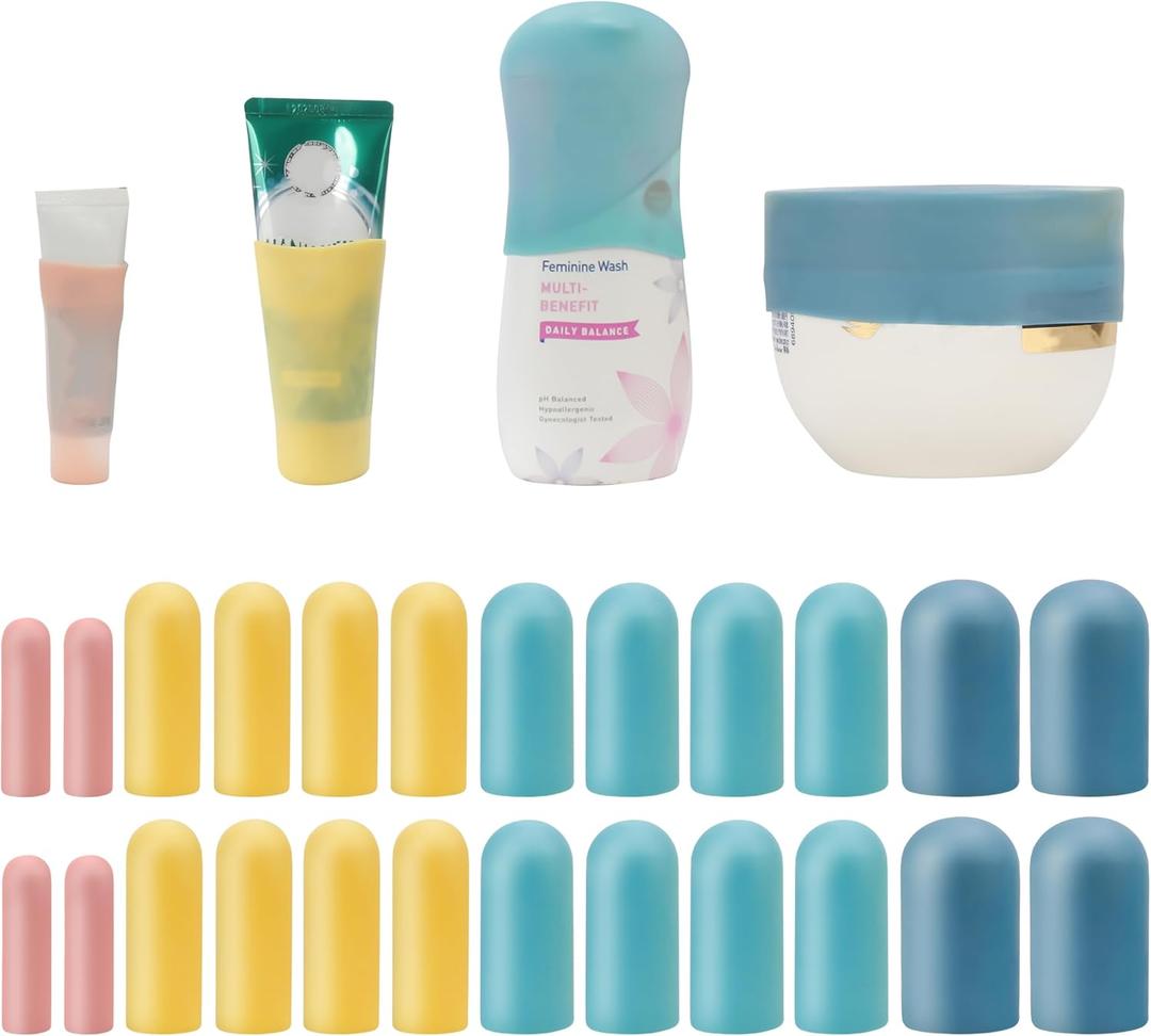 Silicone Bottle Covers Travel Essentials for Women Men, Beach Vacation Essentials, Travel Size Toiletries Accessories, Cruise Ship Essentials 2025, Must Haves, Leak Proofing (24 pack)