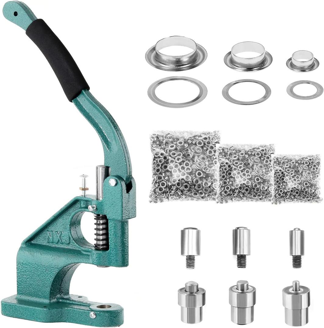 BEAMNOVA Grommet Tool Kit Hand Press Eyelet Setter Machine 1/4, 3/8, 1/2 Inch (6, 10, 12 mm) Setting Dies, 1500 Silver Grommets