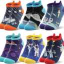 Kids Boys Ankle Socks No Show Low Cut Funny Cute Cartoon Novelty Cotton Socks 6 Pairs (5-8 Years, Space)