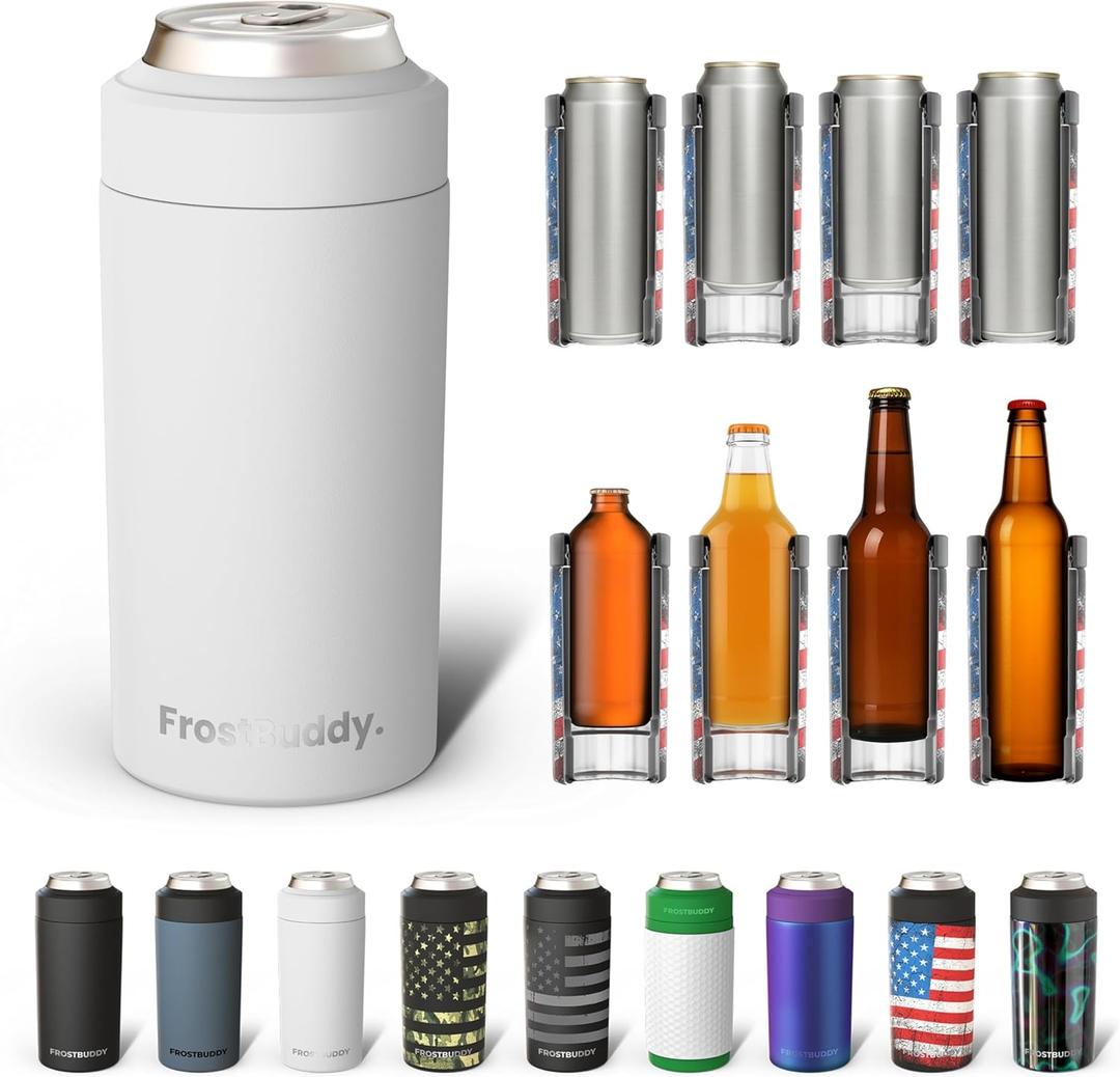 Frost Buddy Universal Buddy Can Cooler - Fits All - For Regular 12 & 16 oz or Slim-Size Bottles - Insulated Double -Walled Stainless Steel (All white)