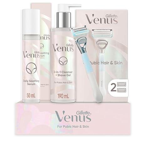 Gillette Venus for Pubic Hair and Skin Shaving Set, Women’s Razor, 1 Handle + 2 Blade Refills + 2-in-1 Cleanser Gillette Venus Intimate Grooming Daily Soothing Serum Reduce Ingrown Hair for Pubic Hair and Skin, Bikini Post Shave Serum.