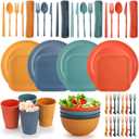Lyellfe 44 Pieces Wheat Straw Dinnerware Sets, Unbreakable Camping Plates Cups and Bowls Set, Lightweight Kitchen Dish with Knives, Forks, Spoons, Dishwasher Microwave Safe