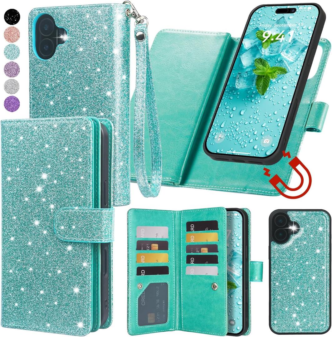 Varikke for iPhone 17 Wallet Case Detachable with RFID Blocking Card Holder for Women, Glitter PU Leather Wrist Strap Strong Magnetic Flip Removable Phone Case Cover for iPhone 17 6.3", Mint Green