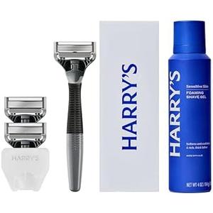 Harry's Original Shaving Kit for Men - Razor Handle, 3 Razor Blade Refills, Foaming Shave Gel, and Travel Blade Cover - German Engineered - Charcoal