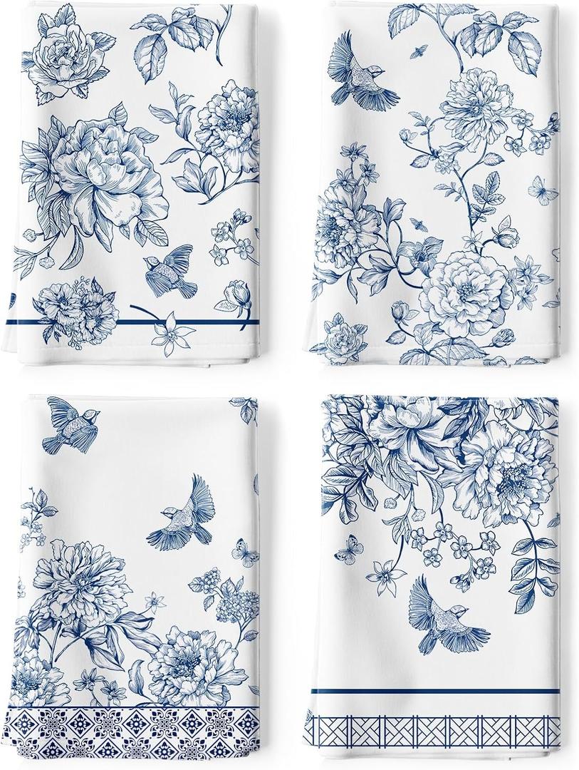 Chinoiserie Floral Tea Towels, Cotton Kitchen Towel 18.9 × 27.5 inch, Quick Drying Dish Cloth for Party Anniversary Holiday Decoration Housewarming Gifts