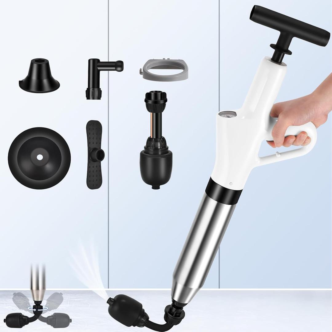 Toilet Plunger, High Pressure Clog Remover, Air Drain Unclogger Blaster with Visual Barometer, Toilet Plunger Heavy Duty Powerful Drain Snake Sink, Plungers for Bathroom, Sink, Floor, Kitchen Clogged (White)