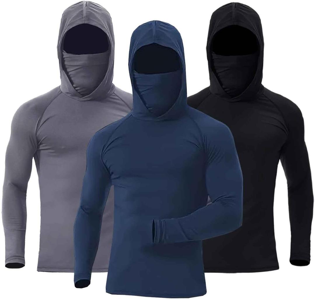 3 x 3 Pack Men's UPF 50+ Sun Protection Hoodies, Long Sleeve Moisture Wicking Shirts with Face Mask for Fishing (XXL)