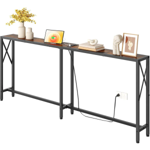 Gewudraw 70" Sofa Table Behind Couch with Oulets-Narrow Console Table,Brown