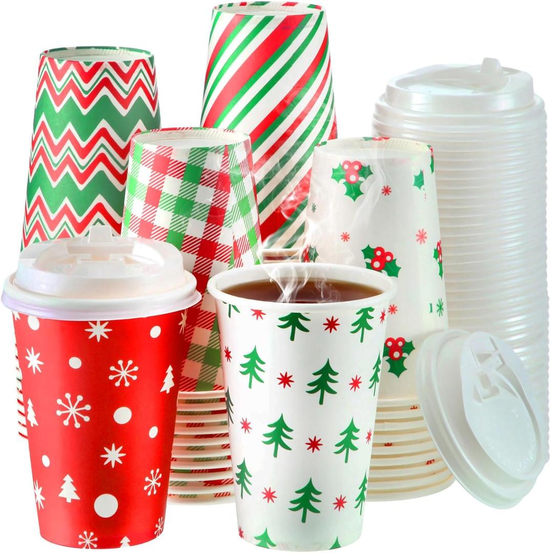 Sliner 60 Pcs Christmas Coffee Cups Disposable with Lids 12 oz Paper Coffee Tea Cups Hot Cold Beverage for Party Tea Travel Cafe Home Restaurant Picnic Drinking