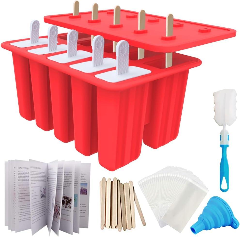 Miaowoof Homemade Popsicle Molds, 10-Cav Non-BPA Silicone Ice Pop Maker, with 50 Sticks, 50 Bags, 10 Reusable Sticks, Funnel, Brush and Ice Pop Recipe (Red)