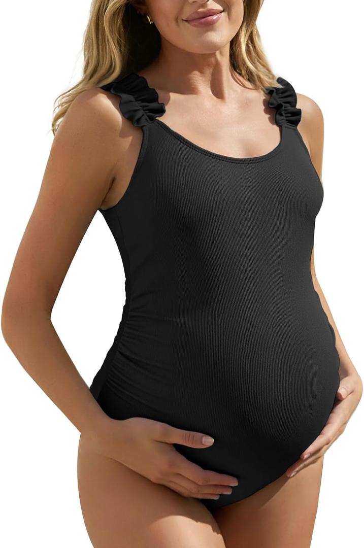 Summer Mae Ribbed Maternity One Piece Swimsuit Ruffle Wood Ears Bathing Suit Scoop Neck Pregnancy Swimwear (6-8, Black)