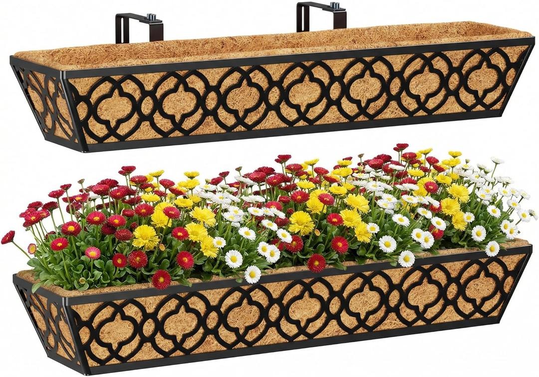 Y&M Deck Railing Planter Boxes 30 Inch 2 Pack, Adjustable Balcony Planter for Outdoor Plants, Metal Railing Planter Box for Deck, Fence and Porch, Window Boxes Outdoor, Sturdy Hanging Planter
