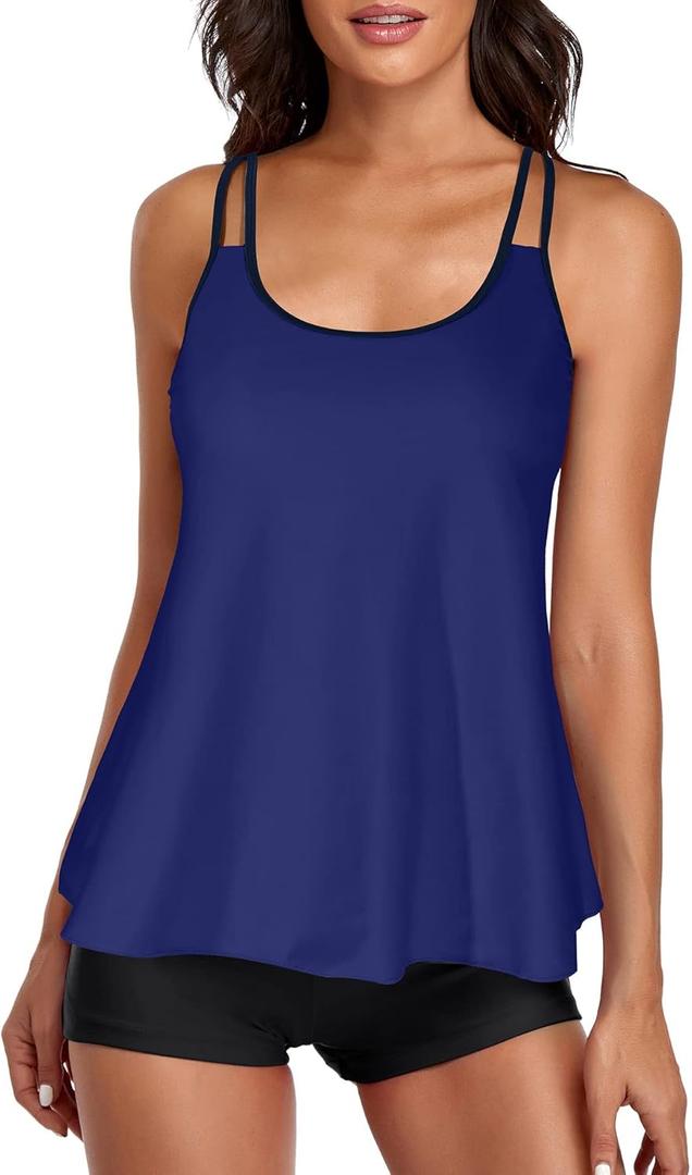 Urchics Womens 2025 Tankini Swimsuits Tummy Control Flowy Swimwear Two Piece Bathing Suits Swim Tank Top with Boyshorts (XX-Large, Navy)