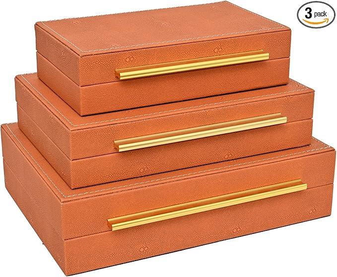 Faux Shagreen Leather Jewelry Storage Boxes Set of 1 with Gold Handles, Velvet Lined Stackable Organizer for Women, Vanity, Dresser, Gift, Burnt Orange