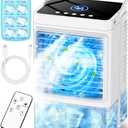 Small Air Conditioner w/ 3 Speeds&3 Modes, Remote, 1100ML Tank Humidifier, 8-Cube Ice Tray, 120 Oscillating, 4 IN 1 Portable Air Conditioners, 7-Color Light, 4H Timer Desk AC Unit for Bedroom (Charcoal)