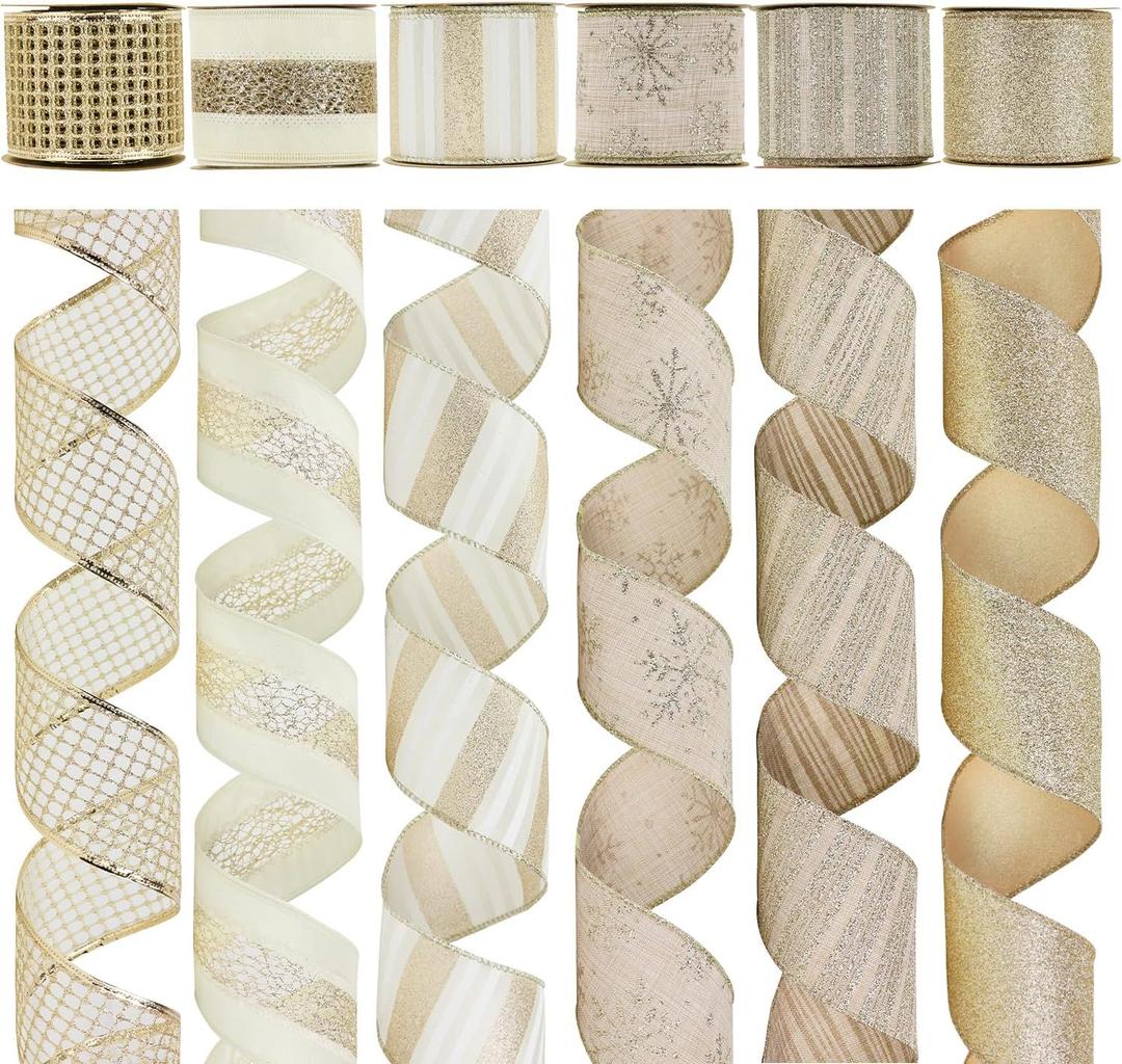 HUIHUANG Champagne Gold Christmas Ribbon Wired Champagne Glitter Christmas Tree Ribbons for X-mas Tree, Wreaths, Garlands, Home Decor, Wrapping (2.5" x 6 Rolls, 36 Yds Total)