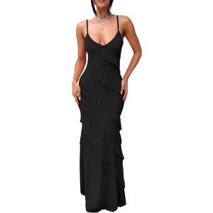 HOCILLE Women's Sexy V Neck Backless Bodycon Spaghetti Strap Elegant Ruffle Maxi Cocktail Party Dresses (Black, L)