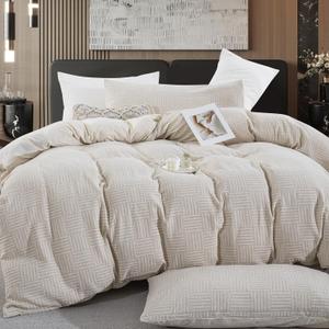 Beige Gingham Cotton Linen Duvet Cover Queen Size, Soft Lightweight Bedding Set for Hot Sleepers -1 Neutral Duvet Cover 90x90 Inches with Zipper Closure, 2 Pillowcases