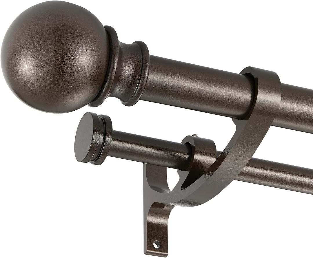 Double Curtain Rods with Aluminum Bouquet Brackets and Round Finials,Dark Bronze Curtain Rods for Windows 48 to 86 inch,1-Inches Front and 5/8 Inches Back Double Window Drapery Rod