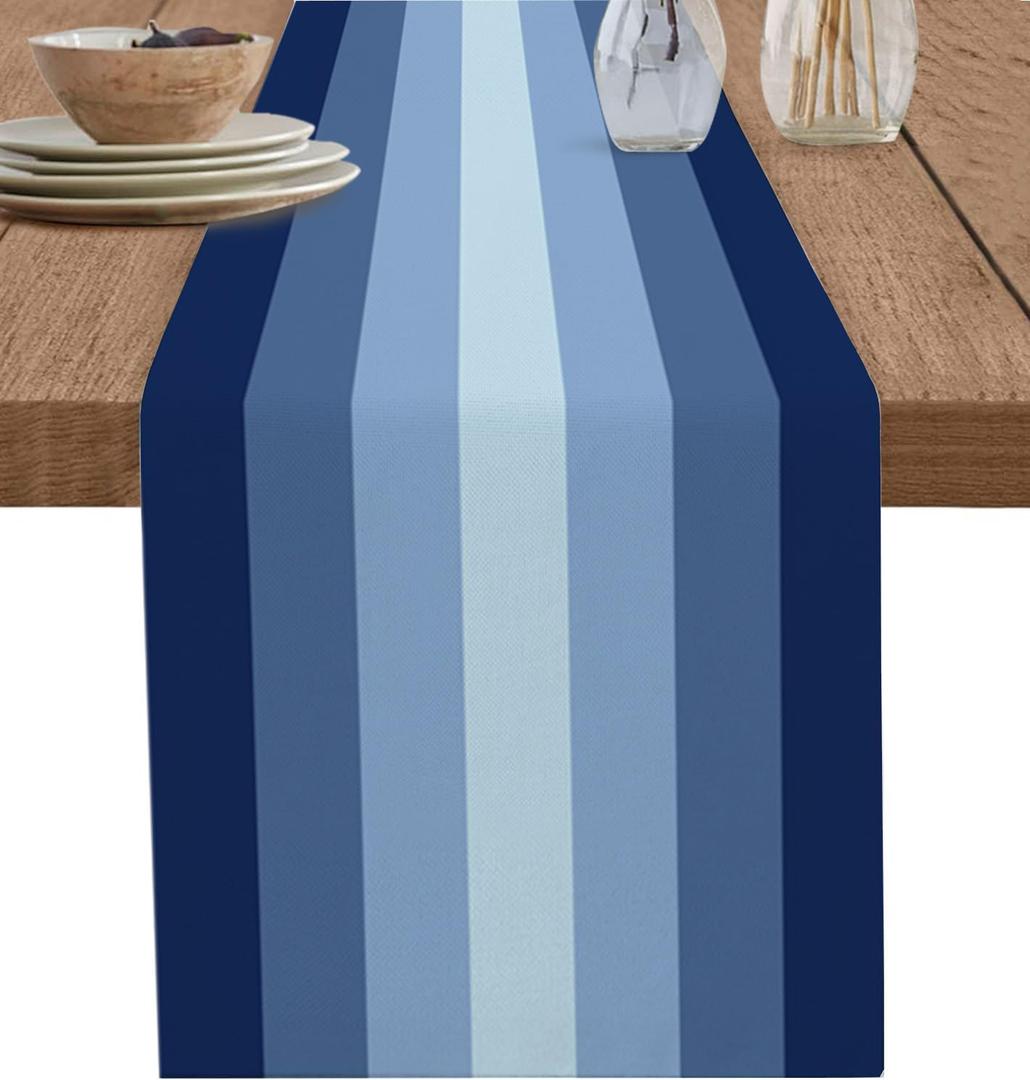Gradient Navy Blue Stripes Table Runner,Cotton Linen Table Runners 70 Inches Long,Geometric Stripe Lines Dresser Scarf Tablerunner for Kitchen Coffee/Dining/Sofa/End Tables TV Stand (Abstract)