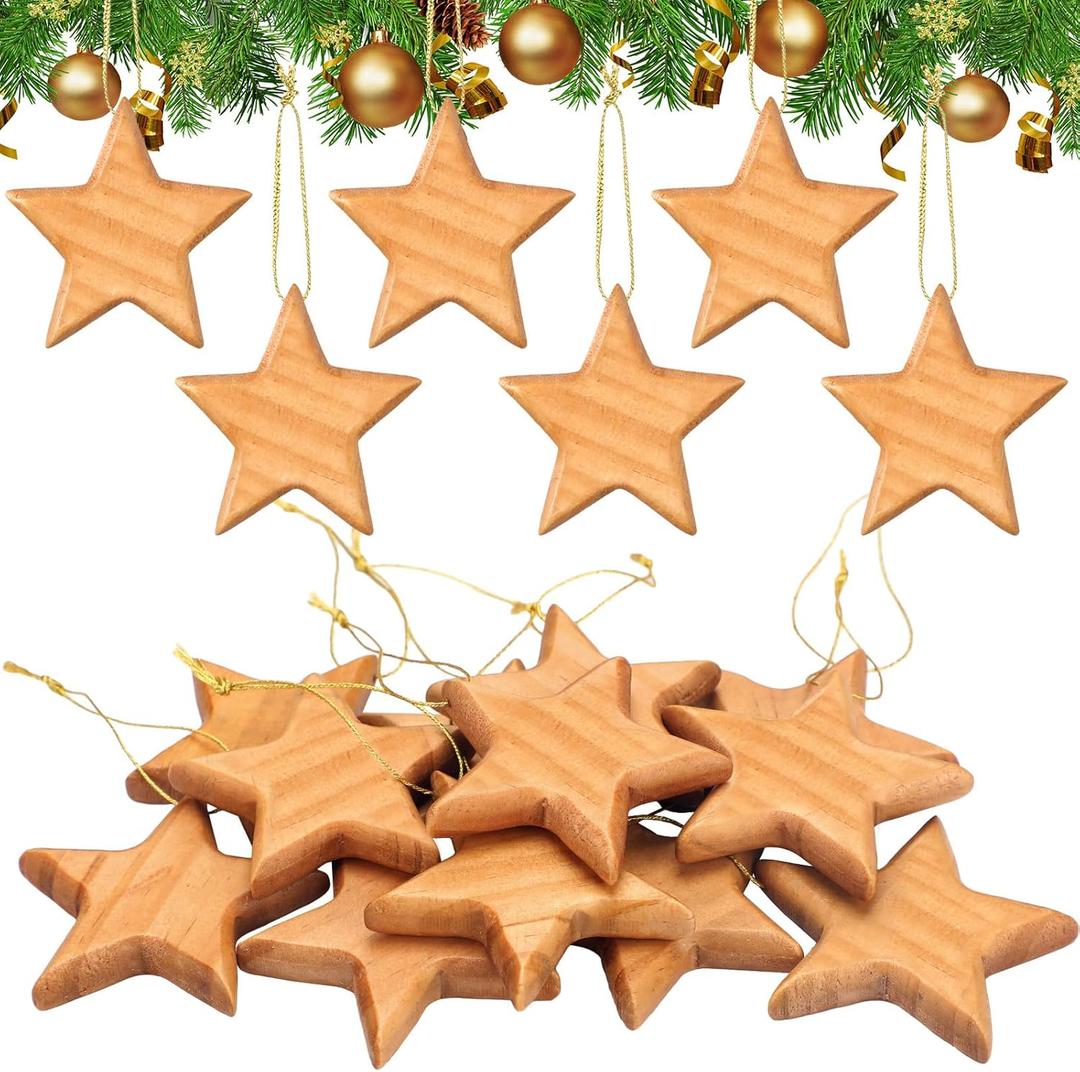 Henoyso 12 Pcs Handcrafted Wood Star Ornaments Star Hanging Christmas Tree Ornaments 2.8" Wood Hanging Decorations for Christmas Tree Winter New Year Party Supplies