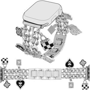 YONWORTH Cuban Chain Band Compatible with Apple Watch Bands 38/40/41/42/44/45 46 49mm Women,Bling Diamond Chain Dressy Metal Wristband Cute Charms Pendants for iWatch Series 10 9 8 7 6 5 4 3 SE Ultra (A3-Silver Black)