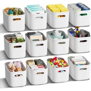 12 Pack White Plastic Storage Bins, Storage Container for Organizing, Storage Boxes with Handle for Shelves, Cute Organizer Bins for Craft, Snacks, Pantry, Cabinet, 9.69x6.7x5.7 inch