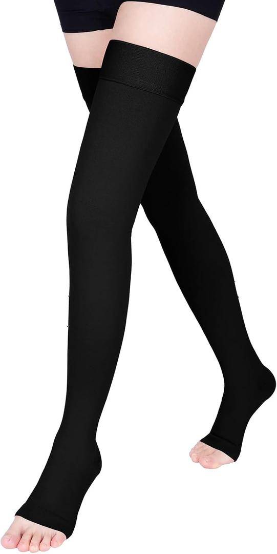 Compression Stockings for Women & Men, 15-20 mmHg Thigh High Compression socks, Medical Graduated Compression Support for Edema, Varicose Veins, Swelling (XX-Large, Open Toe/Black)