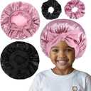 2 Pcs Bonnet for Kids, Satin Bonnets with Scrunchies, Black and Rose Red Satin Silk Hair Bonnet for Sleeping Soft Wide Band Sleep Cap for Curly Hair Braids for Kids