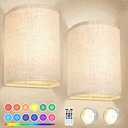FINCMY Battery Operated Wall Sconces Set of Two, 18 RGB Colors Stick on Wall Lights with Remote, Changeable Dimmable Height Fabric Battery Powered Wall Lights for Bedroom Living Room Hallway