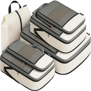 BAGAIL 4 Set/6 Set/8 Set Compression Packing Cubes Travel Accessories Expandable Packing Organizers (Half Mesh, 6-Beige)