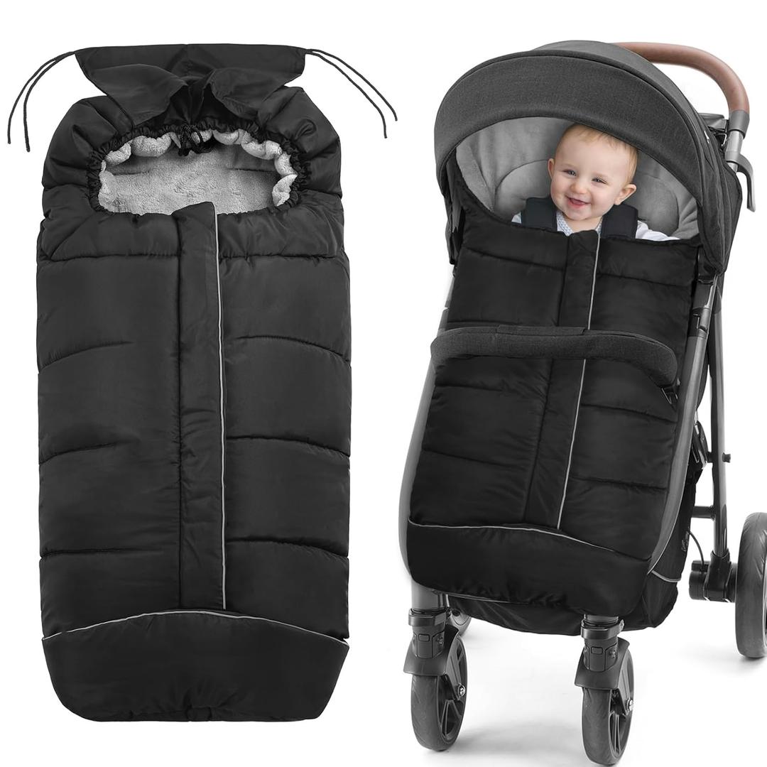 Universal Baby Footmuff for Strollers,Stroller Cover for Winter with Hooded Design,Waterproof and Windproof Winter Sleeping Bag with Coral Fleece Lining, Baby Bunting Bags for Most Strollers (BLACK)