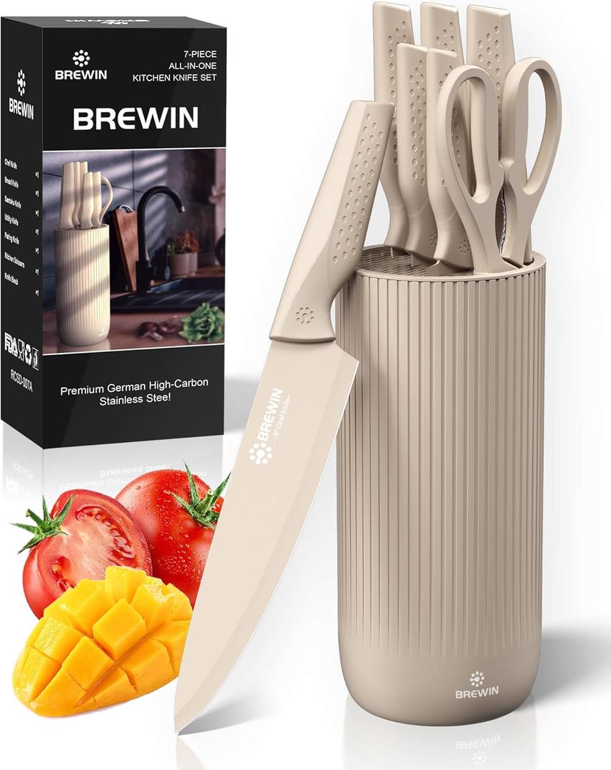 Knife Set, Brewin Kitchen Knife Set, Knives Set for Kitchen, Universal Knife Block, Utility Knife Block Set, Kitchen Essentials, New Home Essentials, Apartment Essentials, Dishwasher Safe (Khaki)