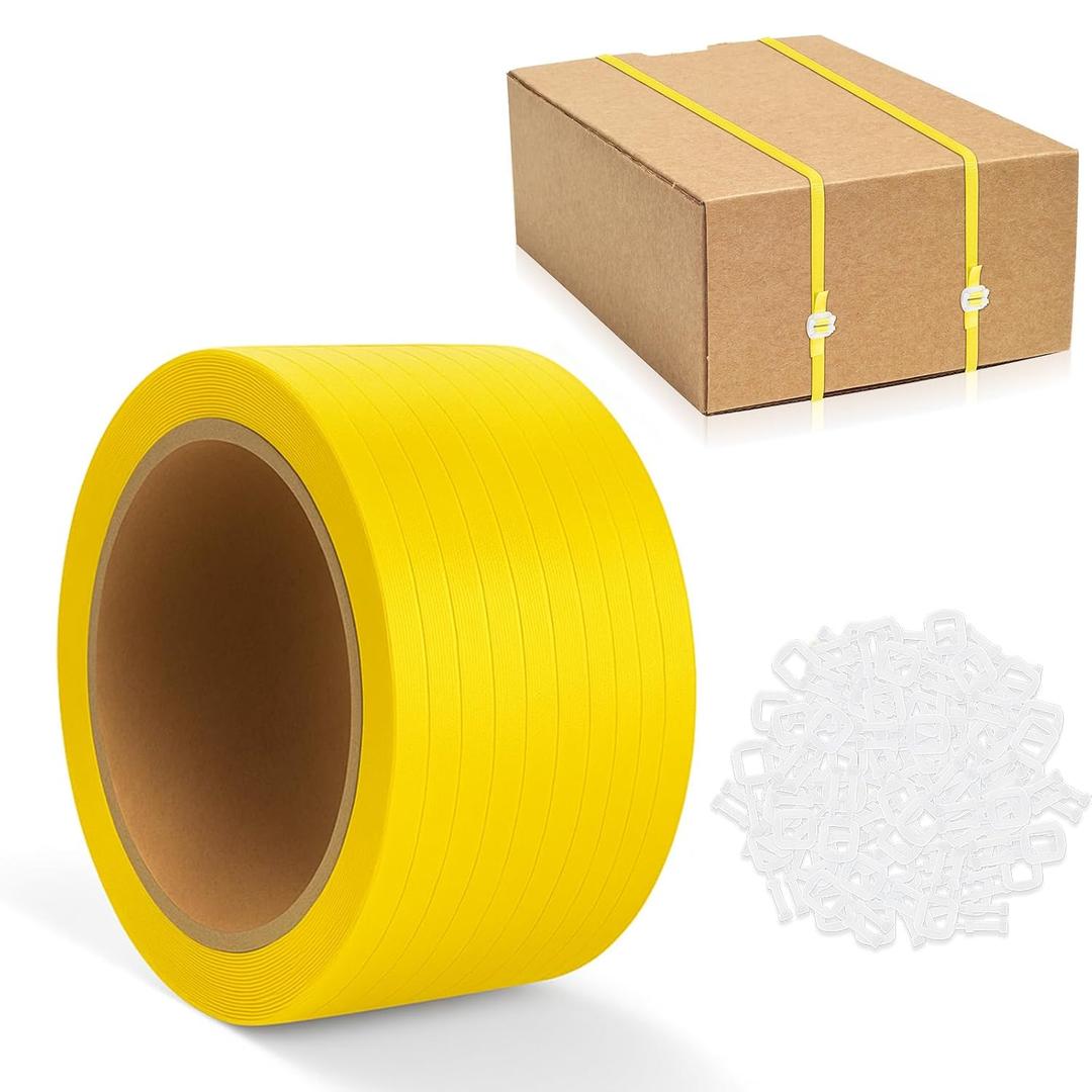 Banding Strapping, Pallet Strapping, Packaging Coil, 492' Length1/2 Width, Box Packing Tool Kit, Poly Plastic Packaging Tool and 100 Pcs Plastic Buckles (Yellow)