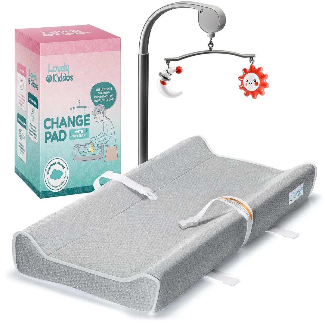 Changing Pad - Foam Contoured Baby Changing Pad for Dresser, Washable Soft & Removable Non-Slip Outer Cover + Inner Waterproof Lining, Bonus Portable Toy Bar with Music Mode Included (Grey)