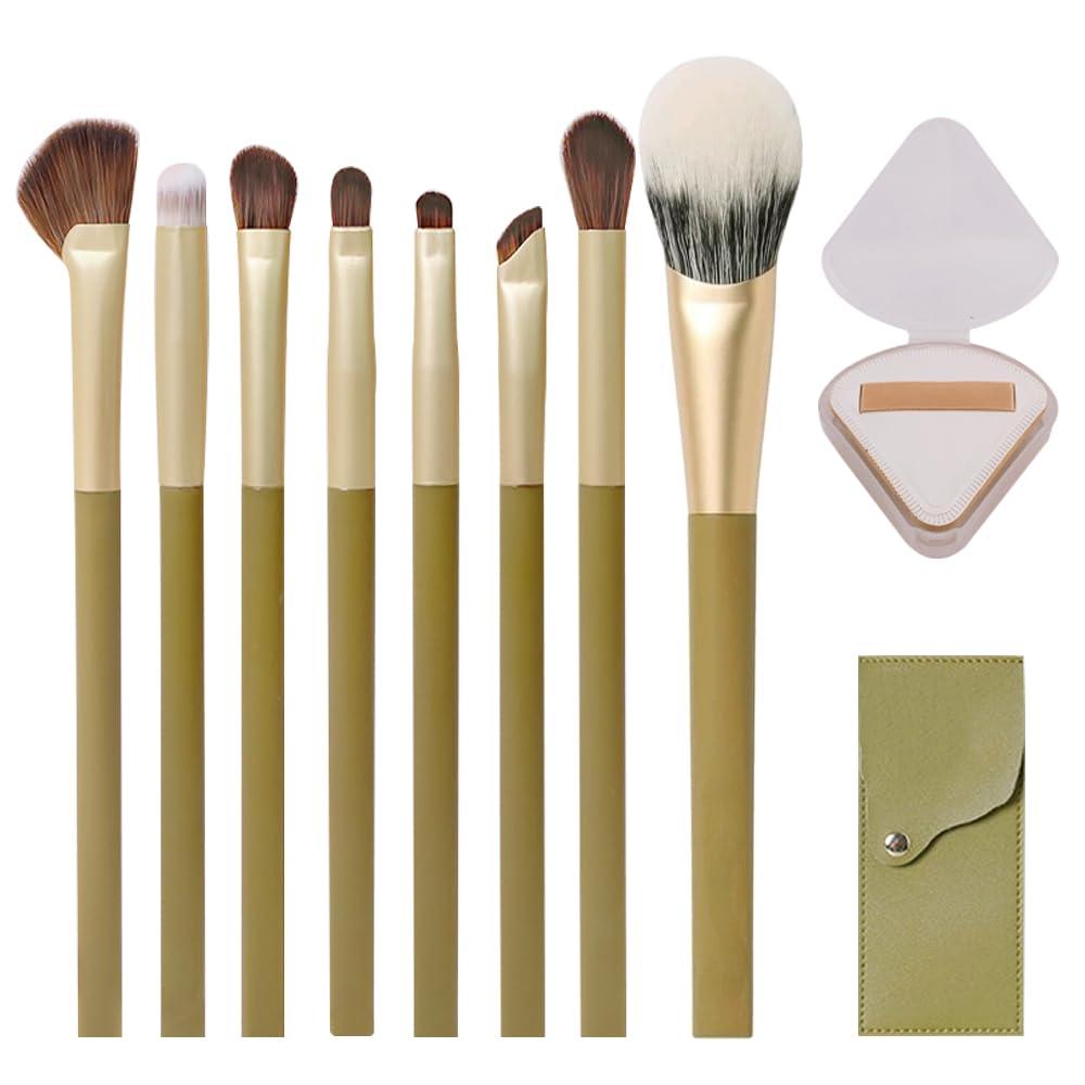 9 pcs Makeup Brush set, Suitable for Travel or Business Trips, Takes up Almost No Space, Includes Packaging Box to Avoid Dirtying the Bag (Green)