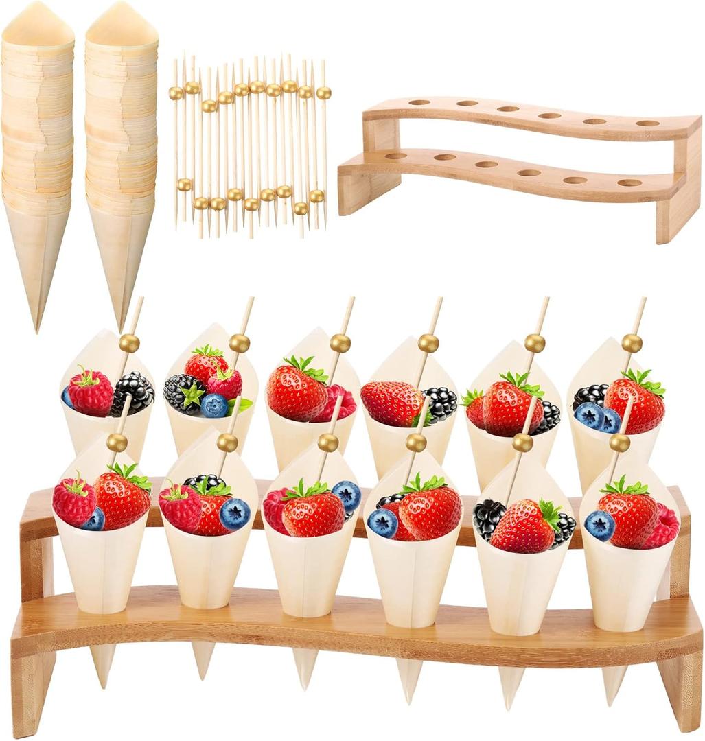 Queekay Food Cones 100 Pcs Disposable Paper Cone for Food with 12 Holes Wood Ice Cream Cone Holder Stand Charcuterie Cones Holder 100 Fancy Toothpicks for Catered Events Buffets Parties(Curved)