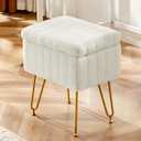 OLIXIS Vanity Stool Chair Faux Fur with Storage, Soft Ottoman 4 Metal Legs with Anti-Slip Feet, Makeup Cute Soft Small Footstool, Modern Style Faux Fur Seat for Makeup, Bedroom Dresser, Ivory, 15.8"D*11.9"W*18.9"H