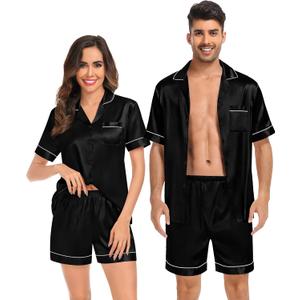 SWOMOG Couples Matching Pajamas Set Satin Short Sleeve Button Down Tops Silk Shorts Pj Lounge Set Soft Sleepwear (Black, M)