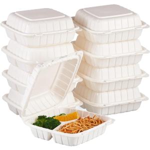 FULING [8x8-Inch, 50 Pieces, 3-Compartment Disposable To Go Box Containers, Plastic Clamshell Takeout Food Trays, Microwave Safe, Cut Resistantstable Hinged Lid, Hybrid Polypropylene, White