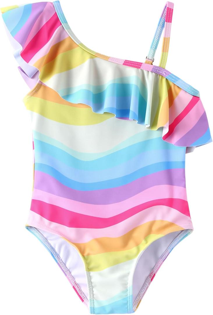 PATPAT Toddler Girl Swimsuit Cute Pattern Print One Piece Ruffle Shoulder Single Spaghetti Strap Bathing Suit (4-5T, Pink)