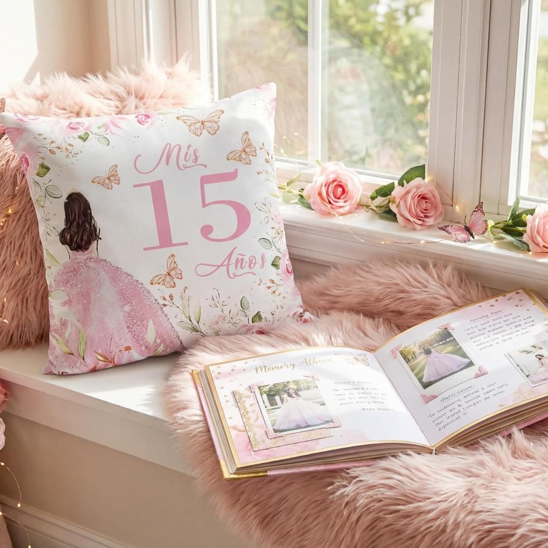 Kathfly Cojines para 15 Aos De Quinceaera Decoration 16 x 16 Inche Pink Quinceaera Pillow Gifts Mis Xv Aos Throw Pillow Sweet for Daughter Sister Friend 15th Birthday Gifts