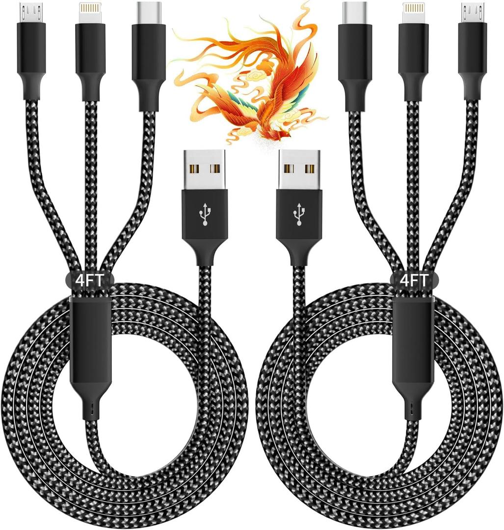 IDISON Multi Charging Cable(2Pack 4FT), 3 in 1 USB Charging Cable for Multiple Devices, Braided Universal Phone Charger Cord with TypeC, Micro USB, IP Port for iPhone17/16/14/Android Phones and More