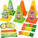 4-in-1 Plastic Carnival Party Games Set,Includes Ring Toss Games, Bean Bag Toss Games, Cones & 3-Legged Race Games, Sports & Outdoor Game Toys for Backyard, Birthday & Family Party